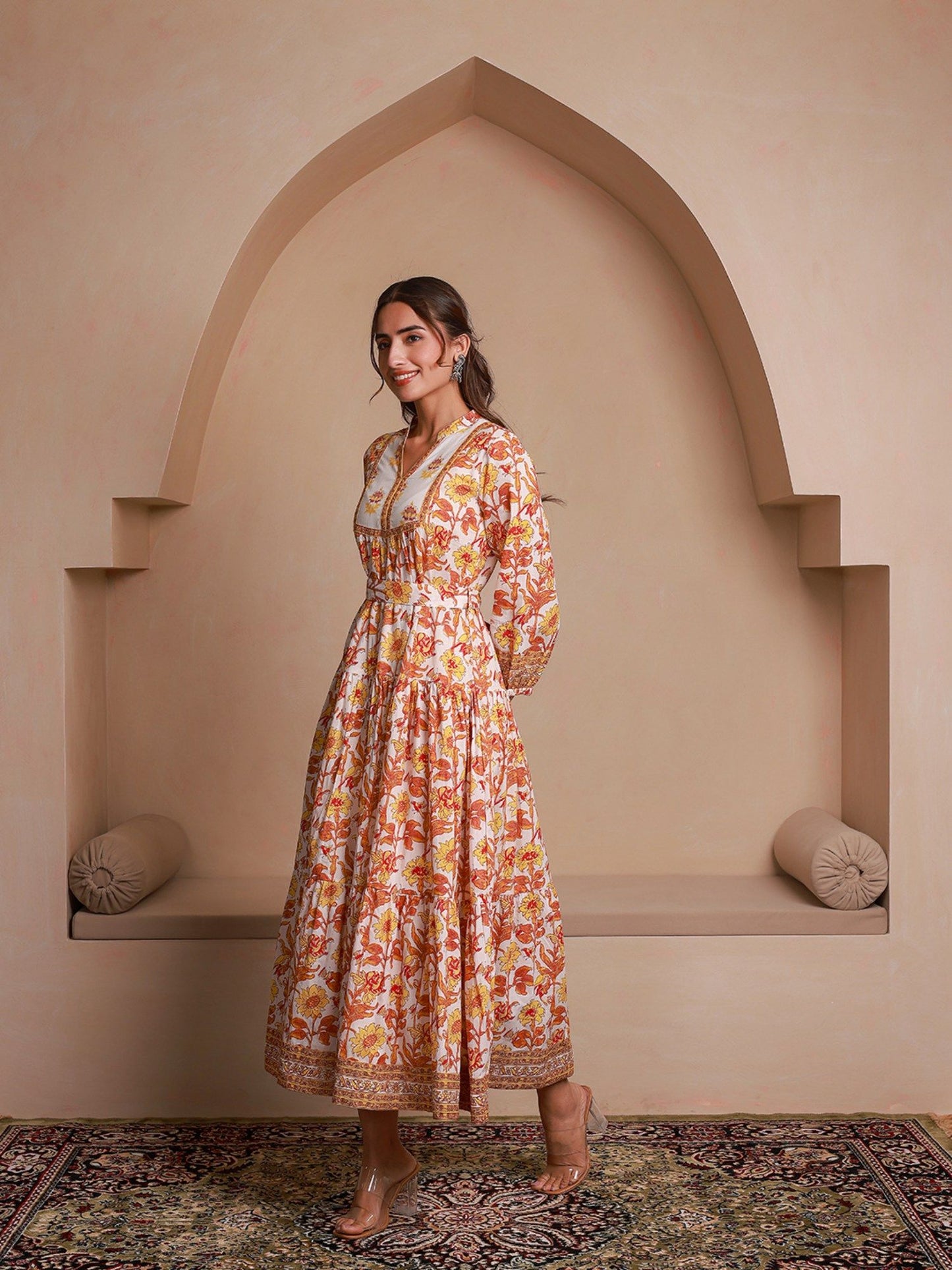 Yellow Floral Printed Bishop Sleeves Ethnic A-Line Dress (Set of 2)
