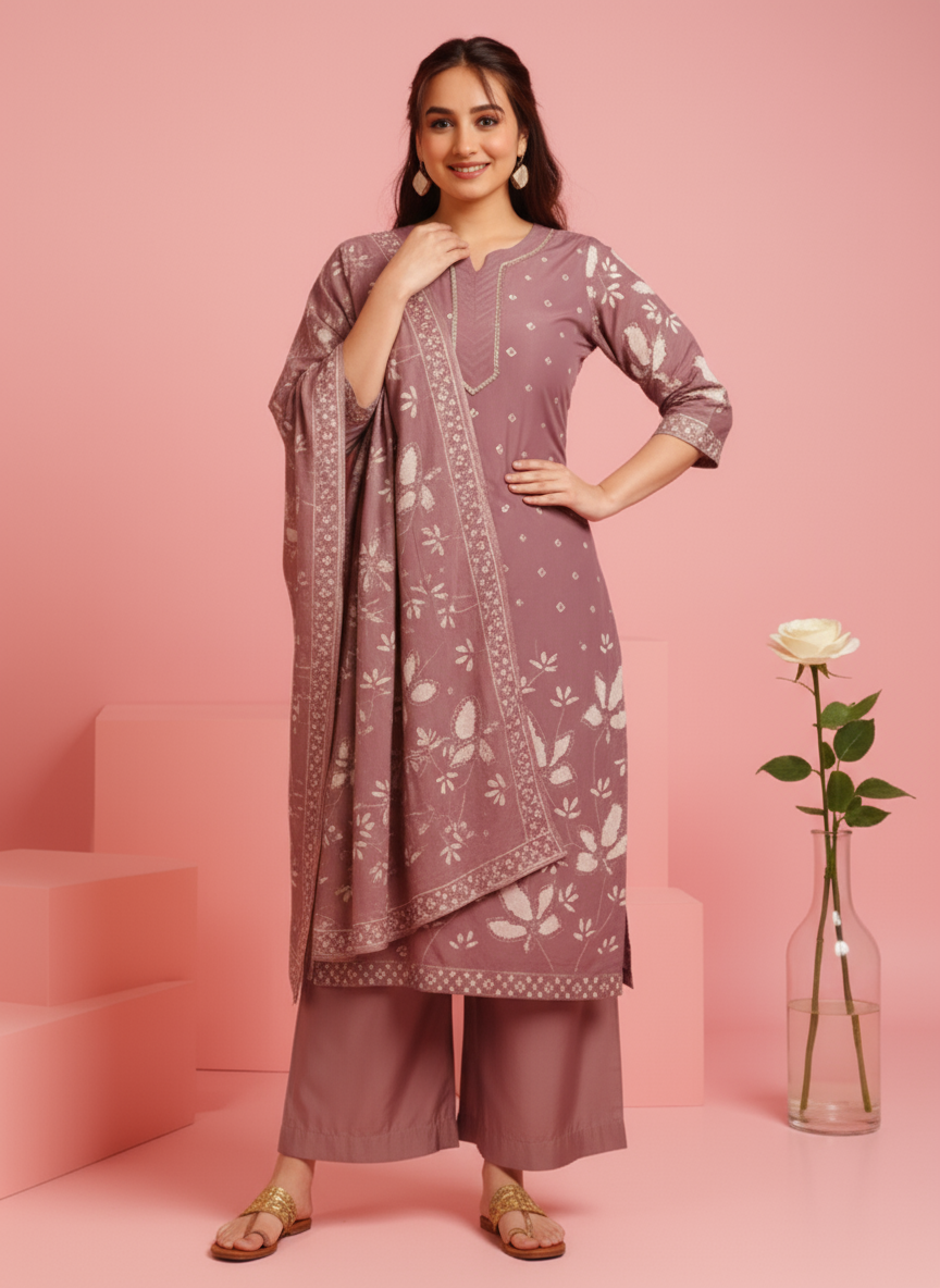 Embroidered Tussar Silk Placement Print Straight Mauve Kurta