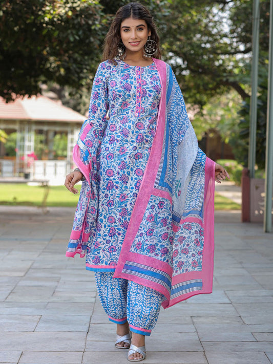 Floral Printed Pure Cotton Straight Kurta & Salwar With Dupatta