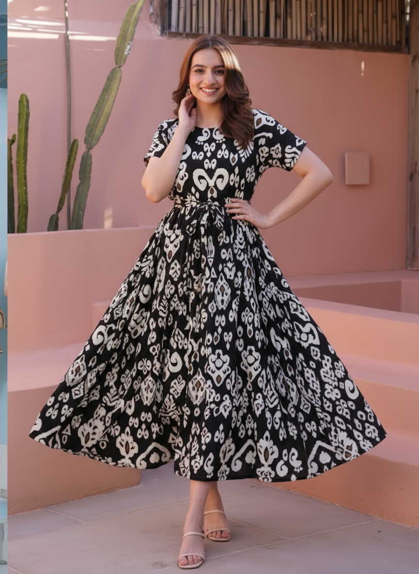 Viscose Floral Angrakha Black Dress