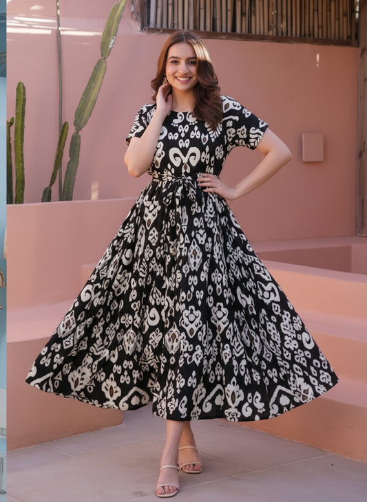 Viscose Floral Angrakha Black Dress