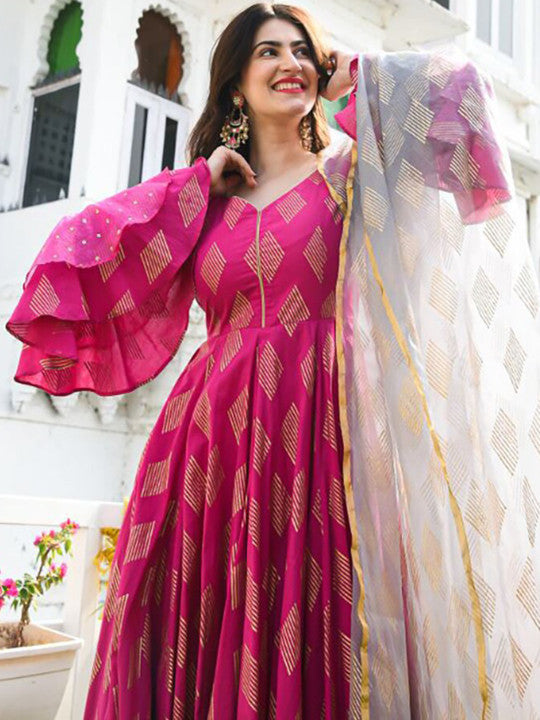 Printed Bell Sleeves V-neck Maxi Ethnic Dress with Dupatta
