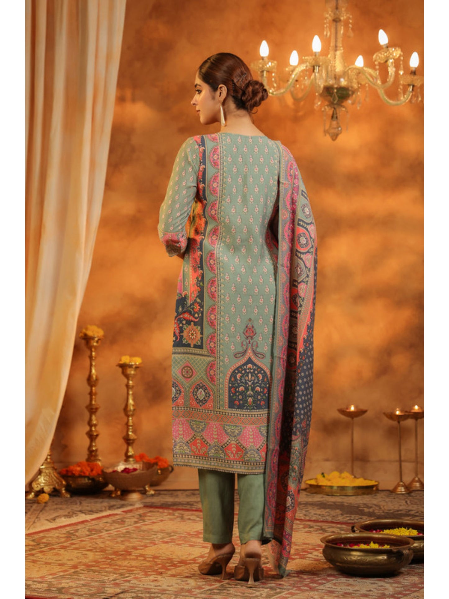 Ethnic Motifs Printed Sequinned Kurta with Pant and Dupatta (Set of 3)