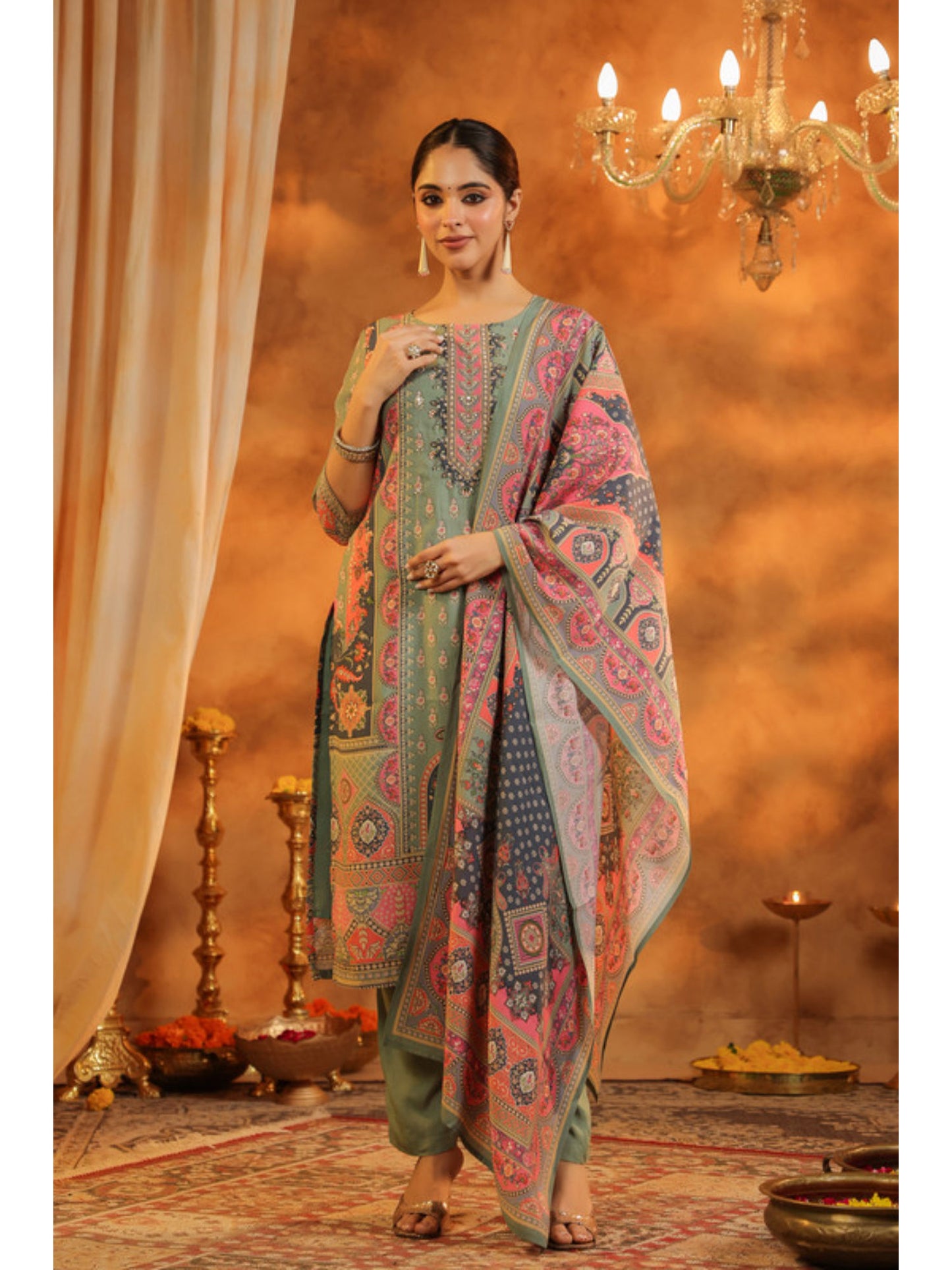 Ethnic Motifs Printed Sequinned Kurta with Pant and Dupatta (Set of 3)