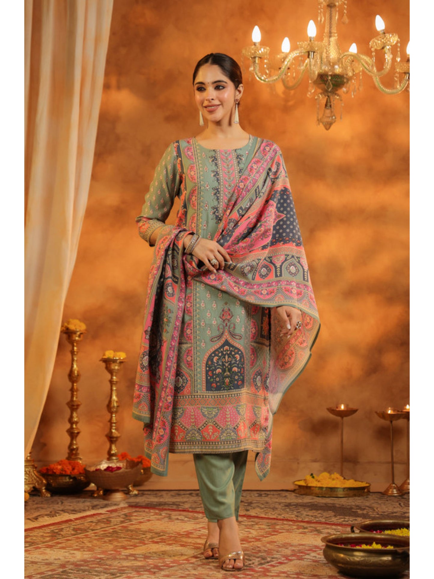 Ethnic Motifs Printed Sequinned Kurta with Pant and Dupatta (Set of 3)