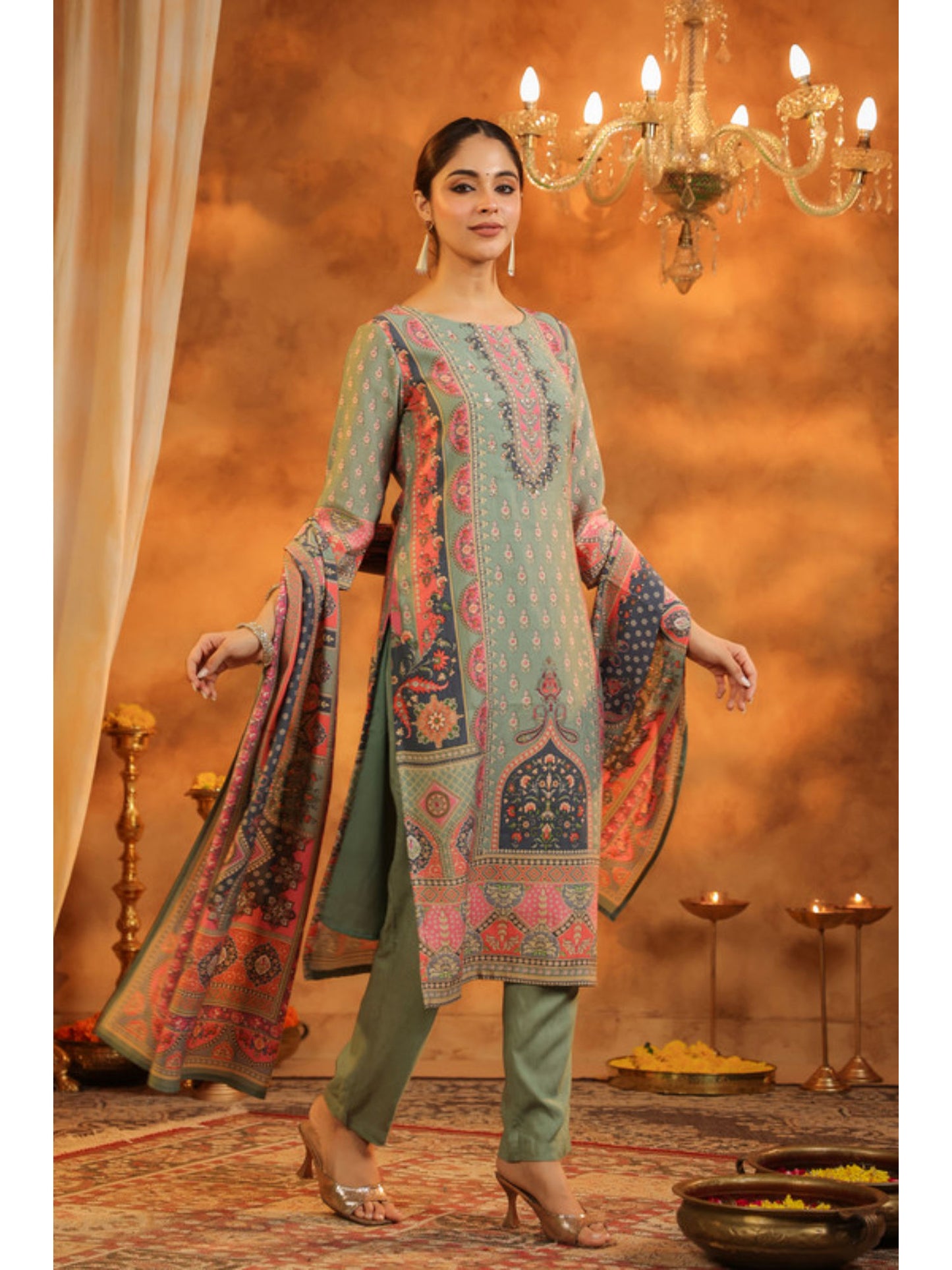 Ethnic Motifs Printed Sequinned Kurta with Pant and Dupatta (Set of 3)