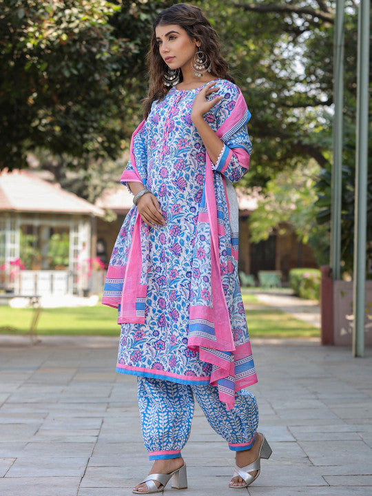 Floral Printed Pure Cotton Straight Kurta & Salwar With Dupatta