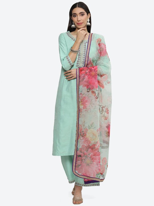 Biba Ethnic Embroidered Gotta Patti Zari Pure Cotton Kurta with Palazzos & Dupatta