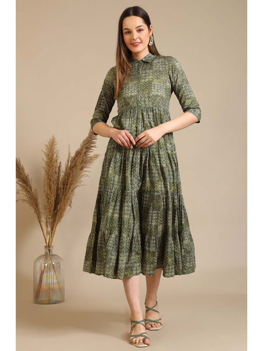 Green Printed Pure Cotton Tiered Dress