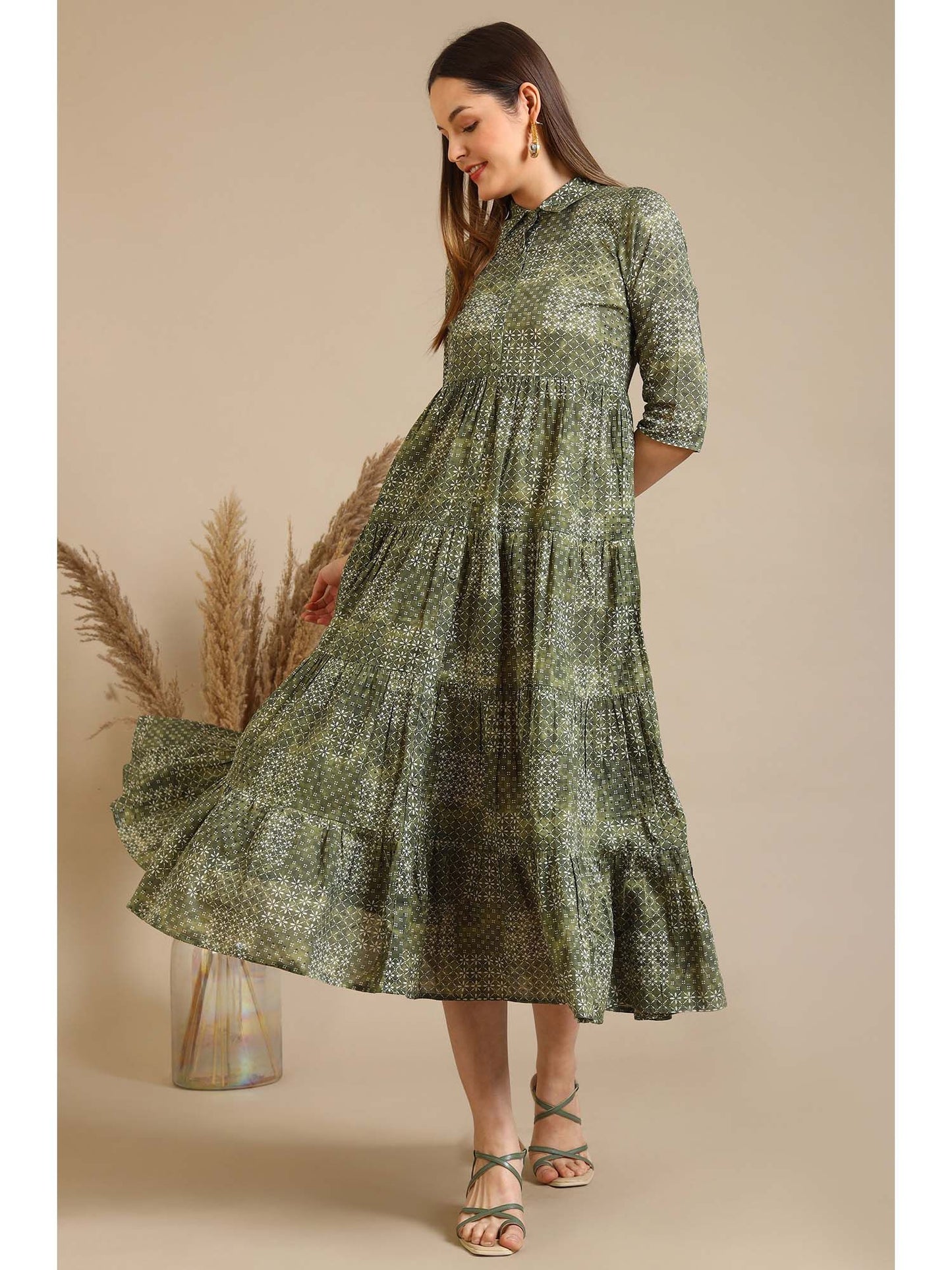 Green Printed Pure Cotton Tiered Dress