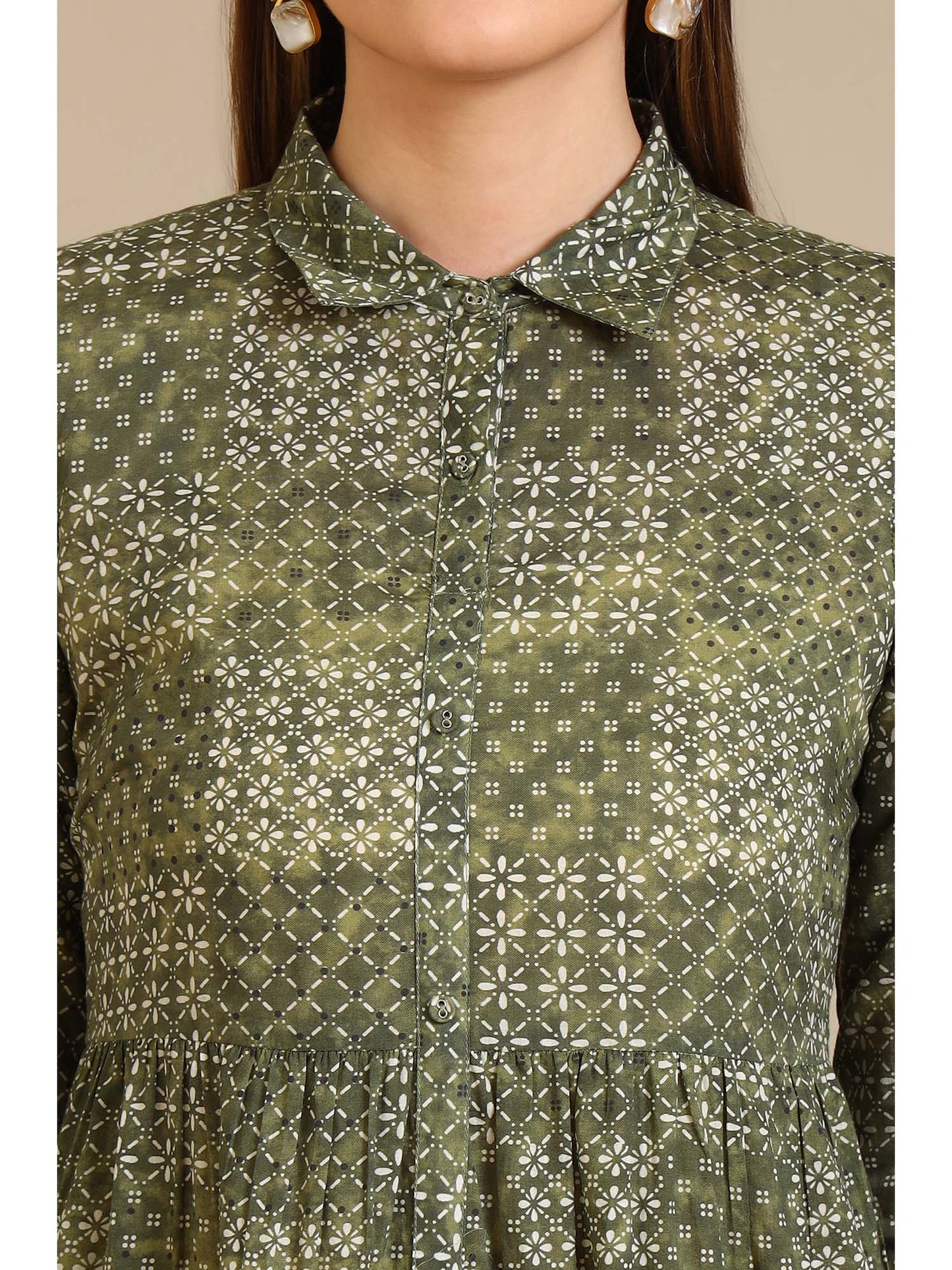 Green Printed Pure Cotton Tiered Dress