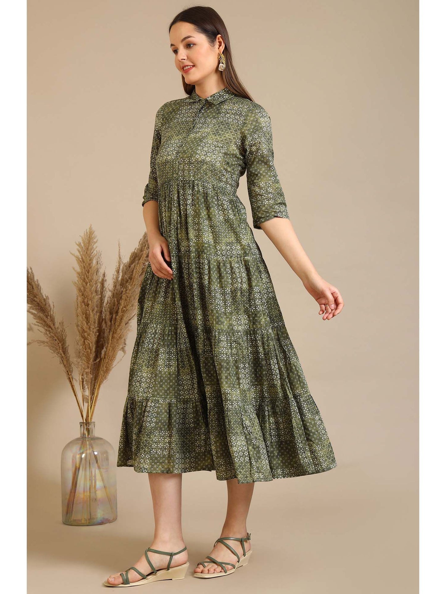 Green Printed Pure Cotton Tiered Dress