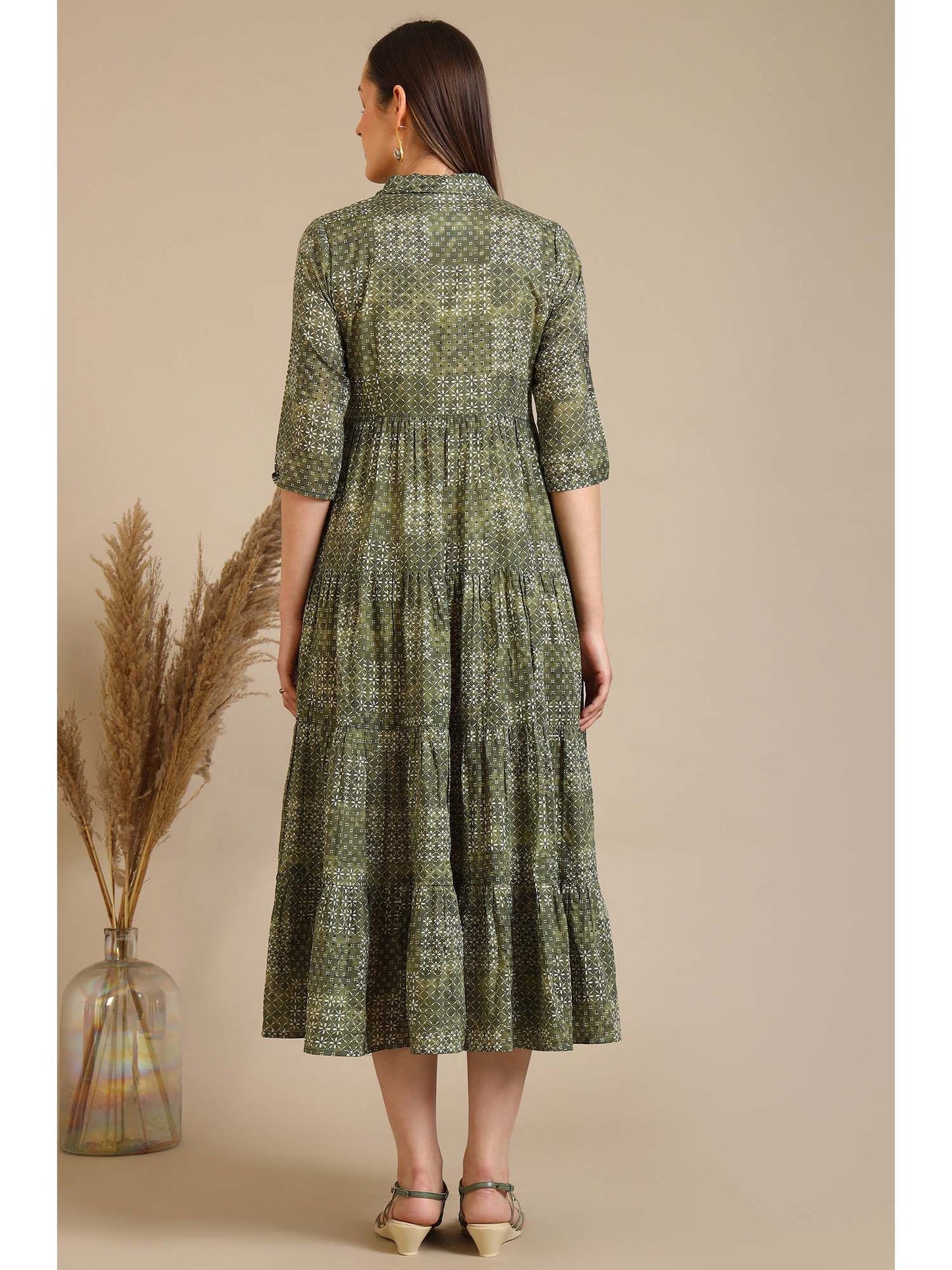 Green Printed Pure Cotton Tiered Dress