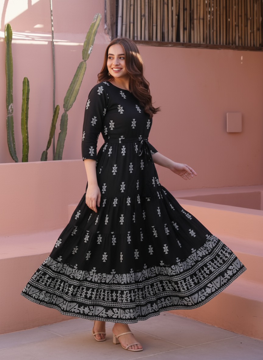 Viscose Floral Anarkali Navy Blue Dress