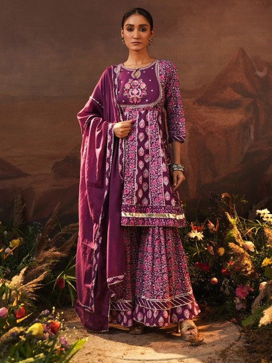 Ishin Floral Printed Keyhole Neck Pure Cotton A-Line Kurta With Sharara & Dupatta