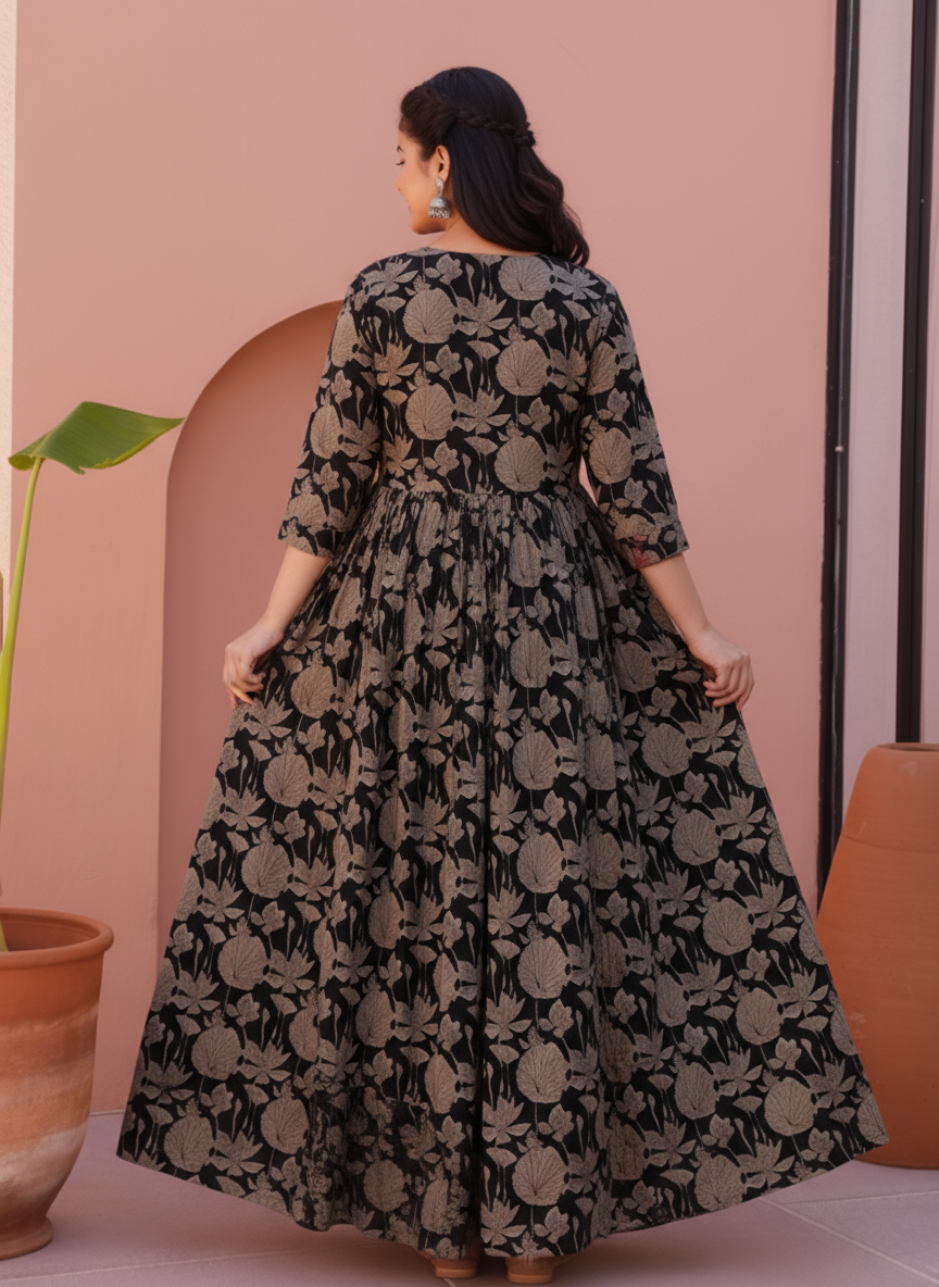 Embroidered Soft Cotton Floral Angrakha Black Dress