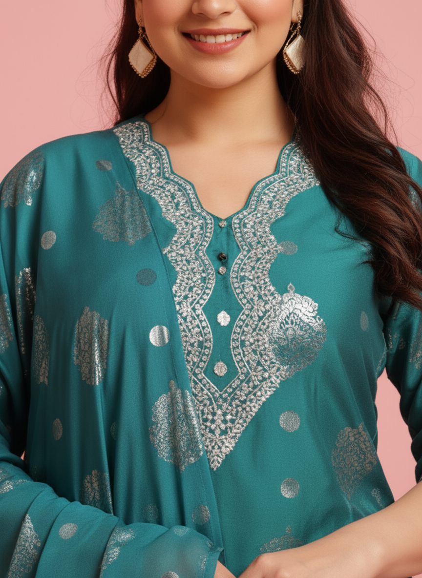 Embroidered Roman silk Gold foil Straight Green Kurta