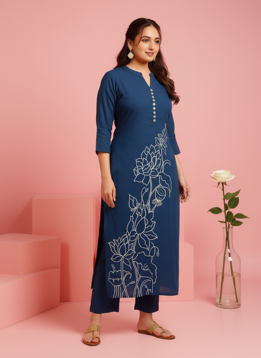 Embroidered Linen Cotton Solid Straight Teal Kurta