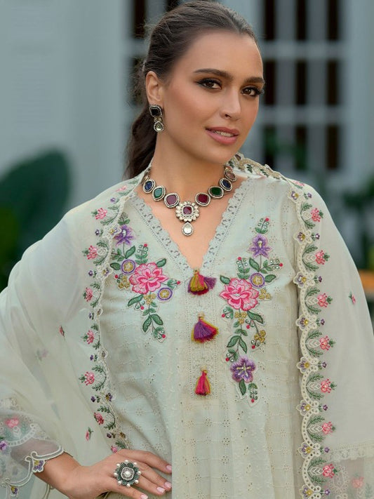 Indo Era Floral Yoke Design Thread Work Pure Cotton Anarkali Kurta Wth Trousers & Dupatta