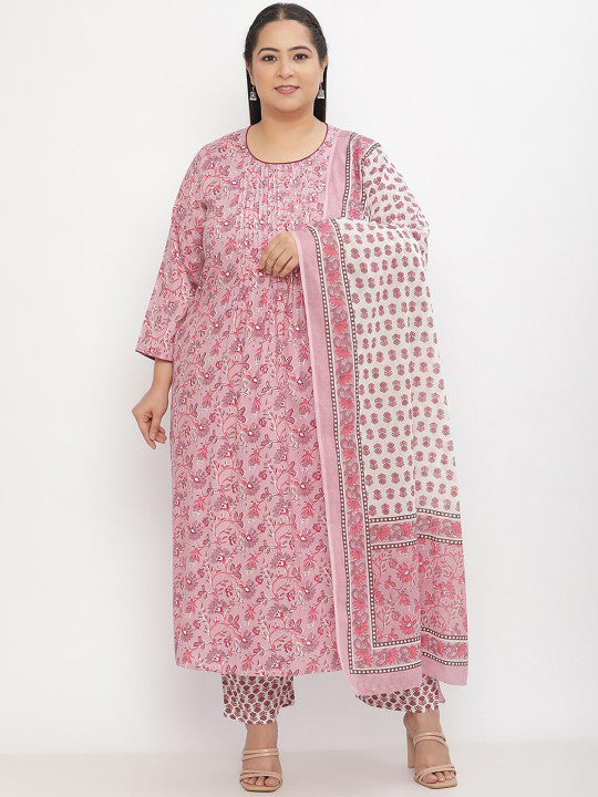 Sringam Plus Size Floral Printed Regular Kurta With Trousers & With Dupatta
