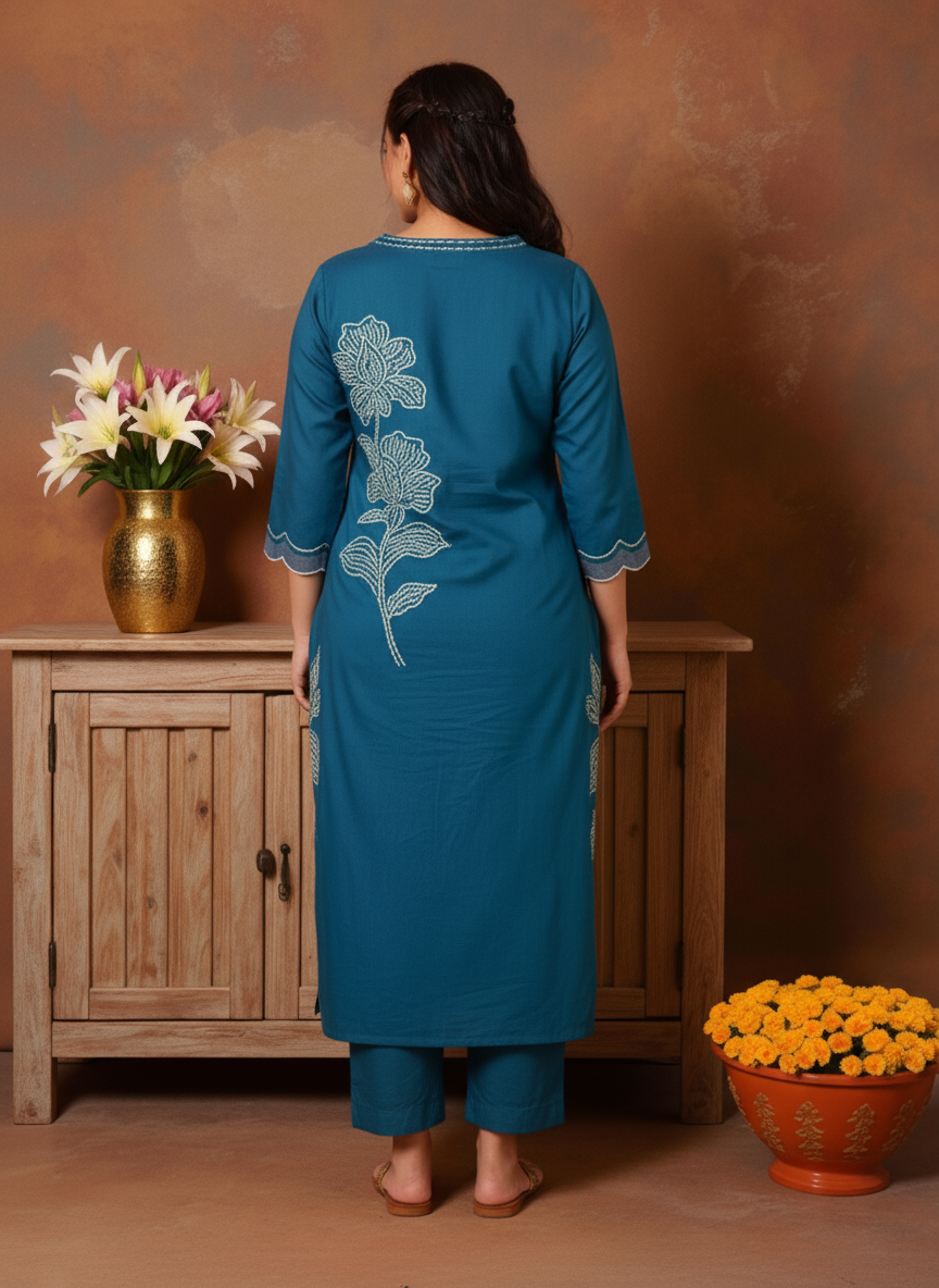 Embroidered Roman silk Placement Print A-line Teal Kurta