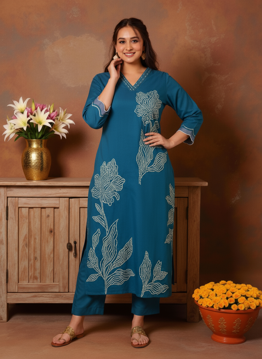 Embroidered Roman silk Placement Print A-line Teal Kurta