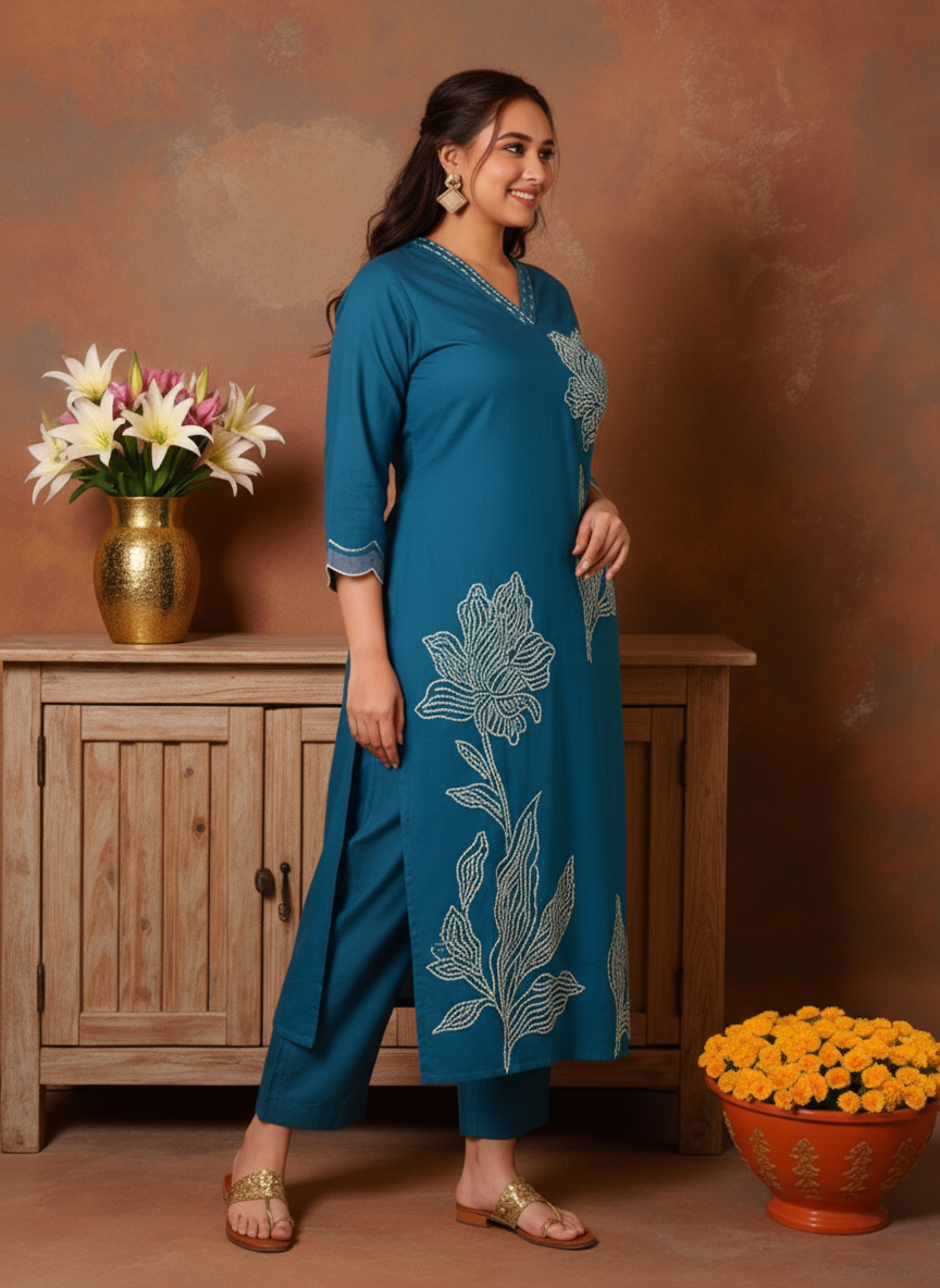 Embroidered Roman silk Placement Print A-line Teal Kurta