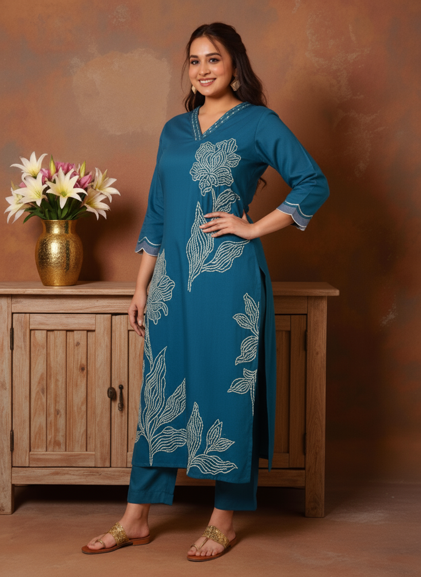 Embroidered Roman silk Placement Print A-line Teal Kurta