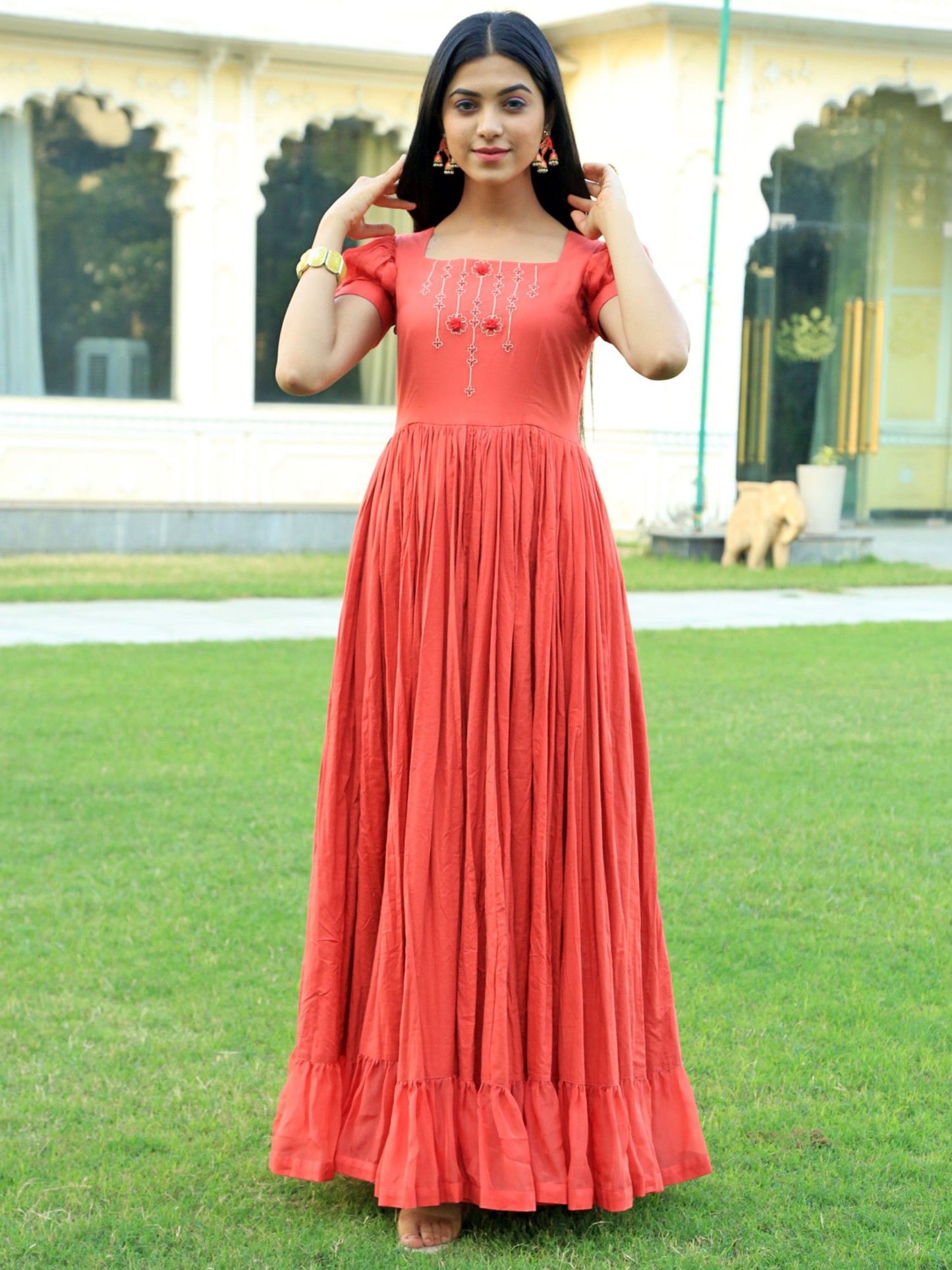 Peach Gathered Long Dress