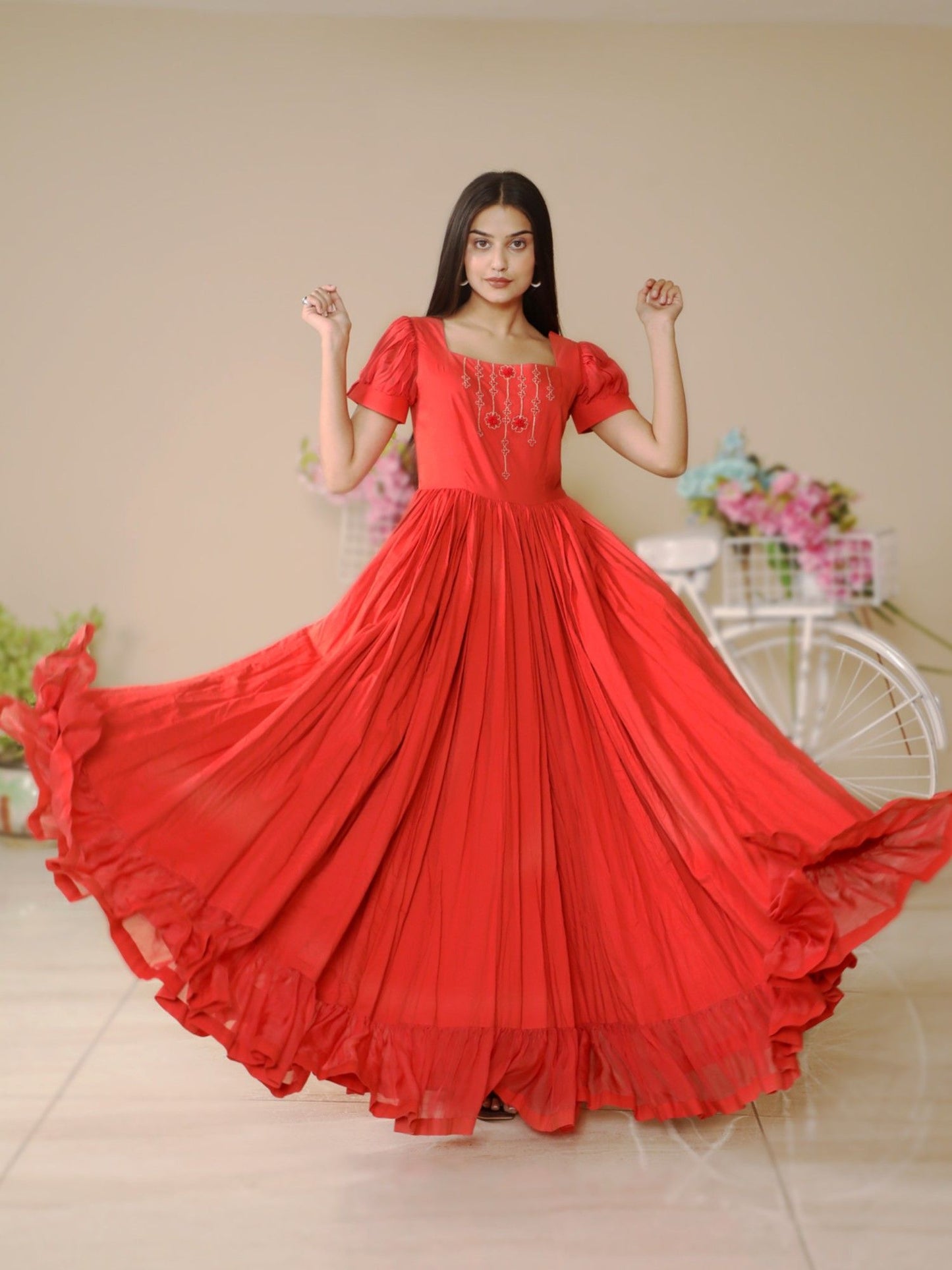 Peach Gathered Long Dress