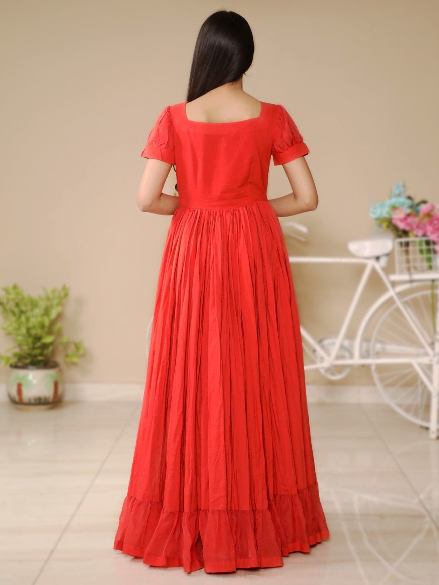 Peach Gathered Long Dress