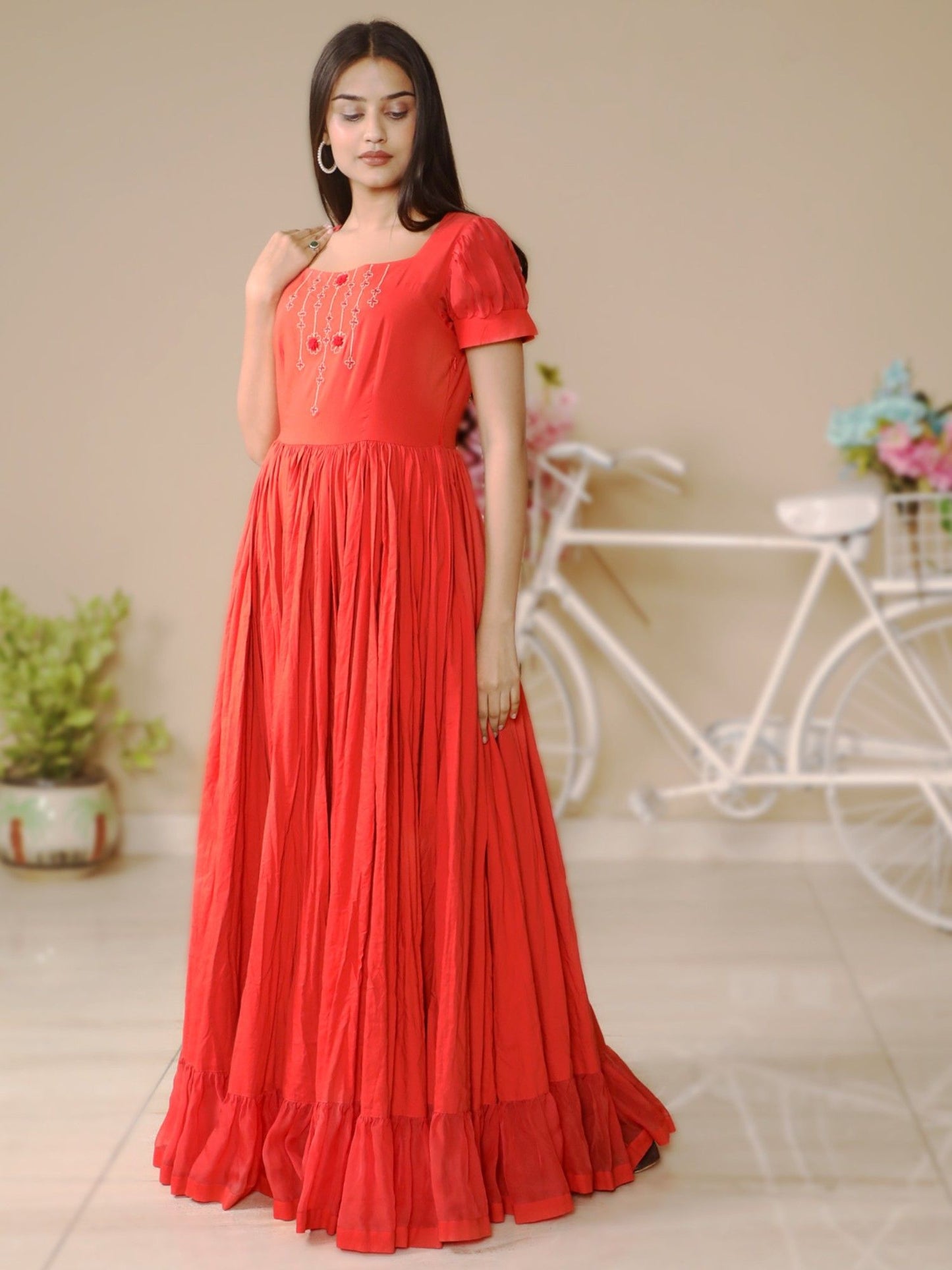 Peach Gathered Long Dress