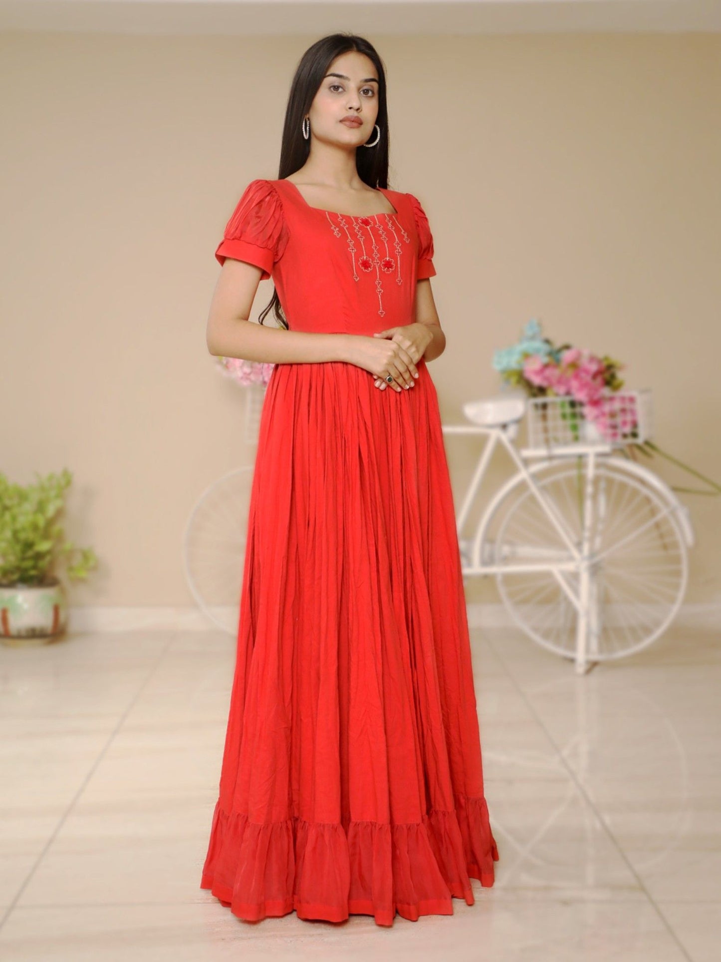 Peach Gathered Long Dress