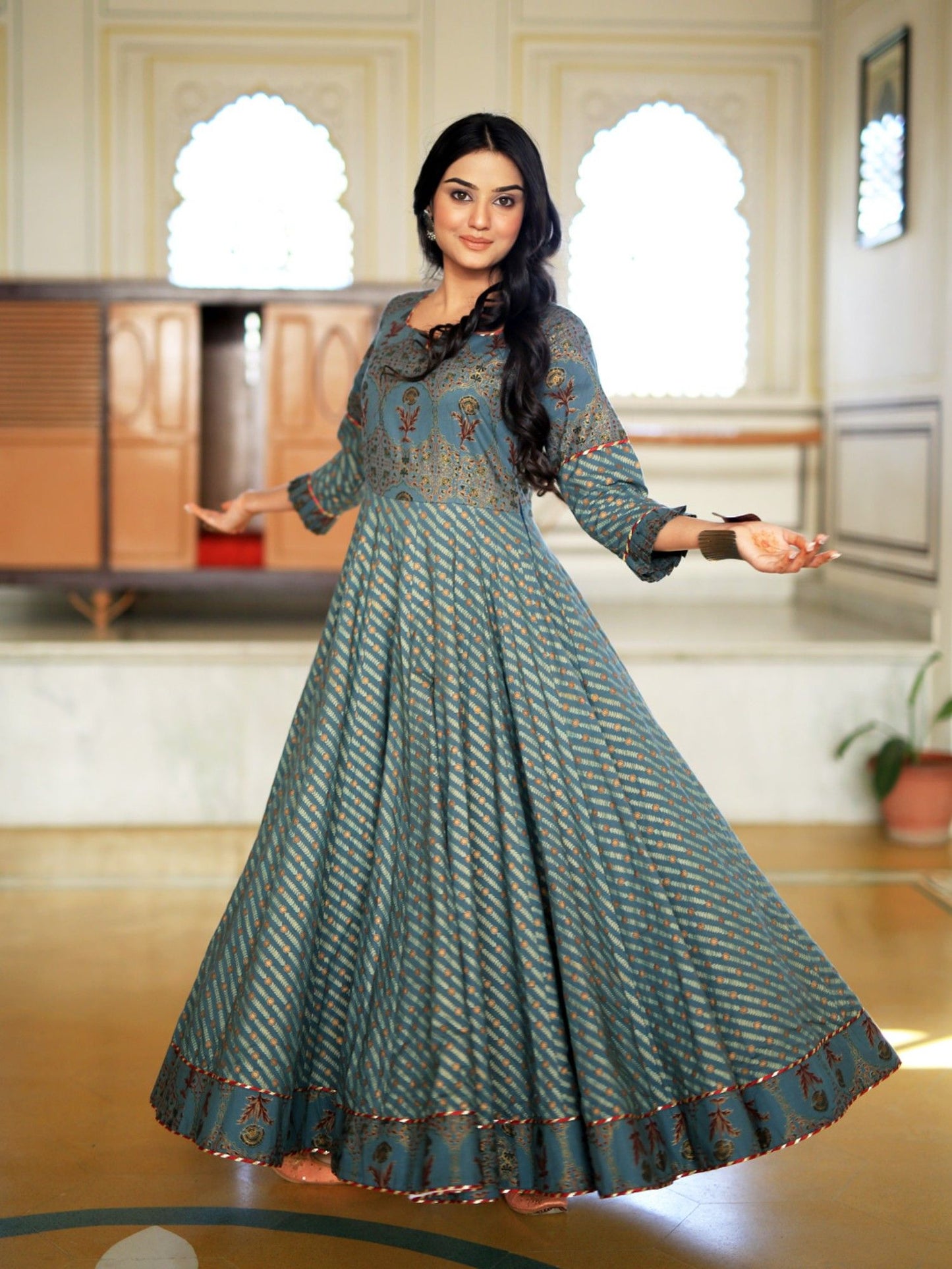 Green Ethnic Motifs Cotton Maxi Dress