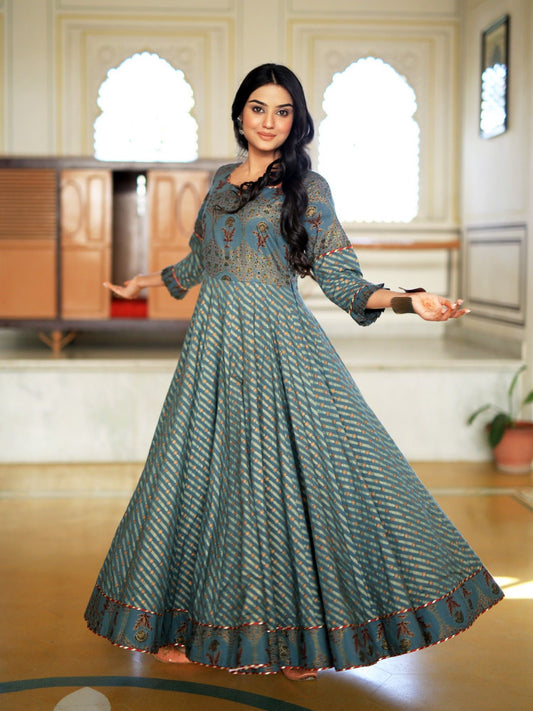 Green Ethnic Motifs Cotton Maxi Dress