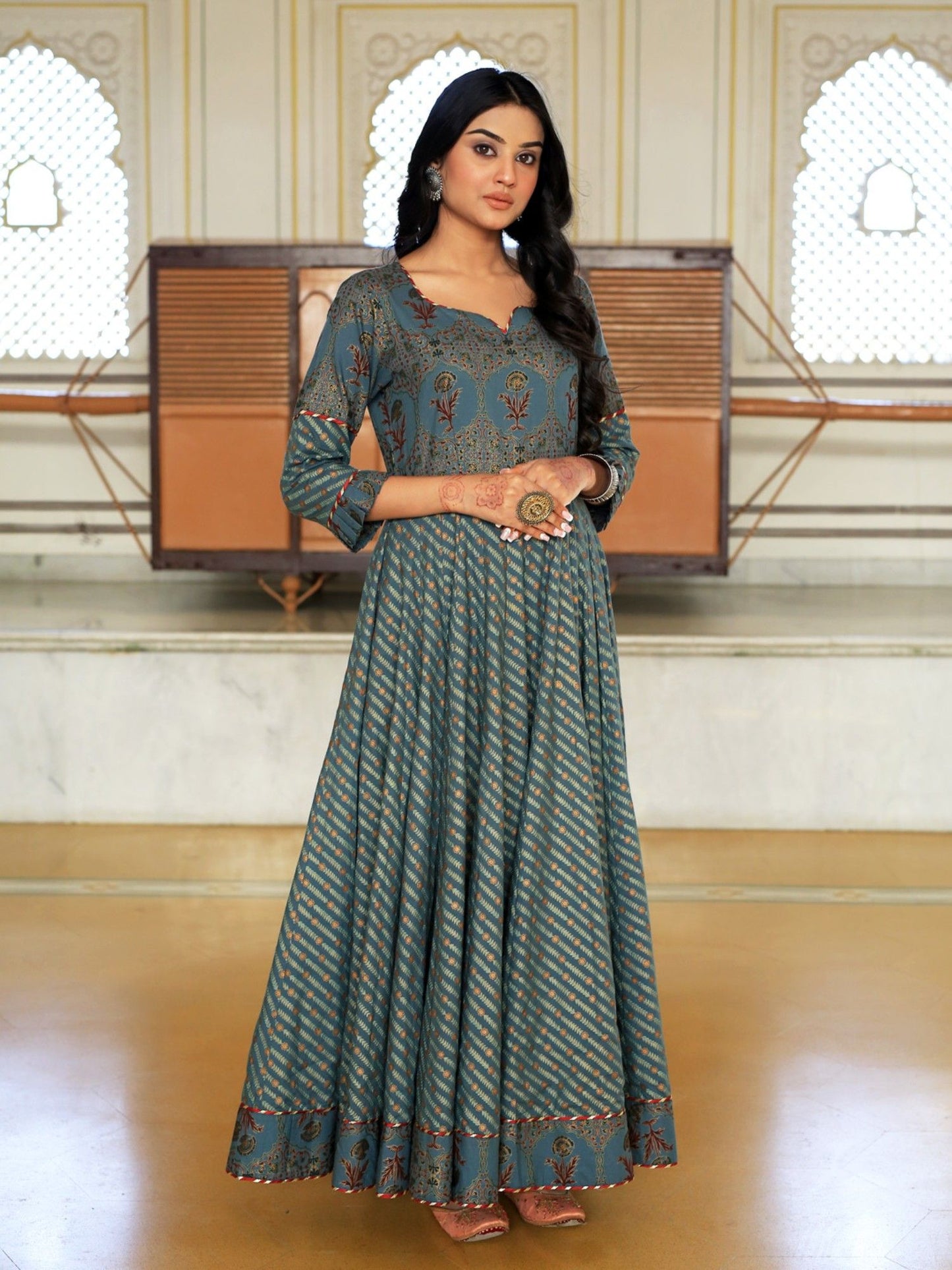 Green Ethnic Motifs Cotton Maxi Dress