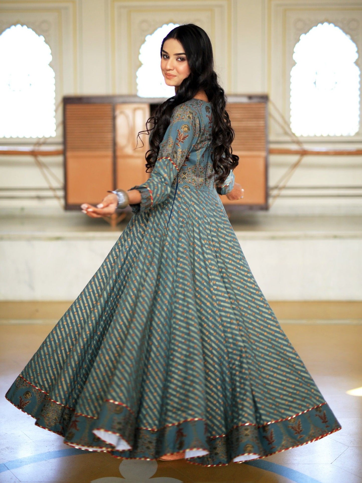 Green Ethnic Motifs Cotton Maxi Dress