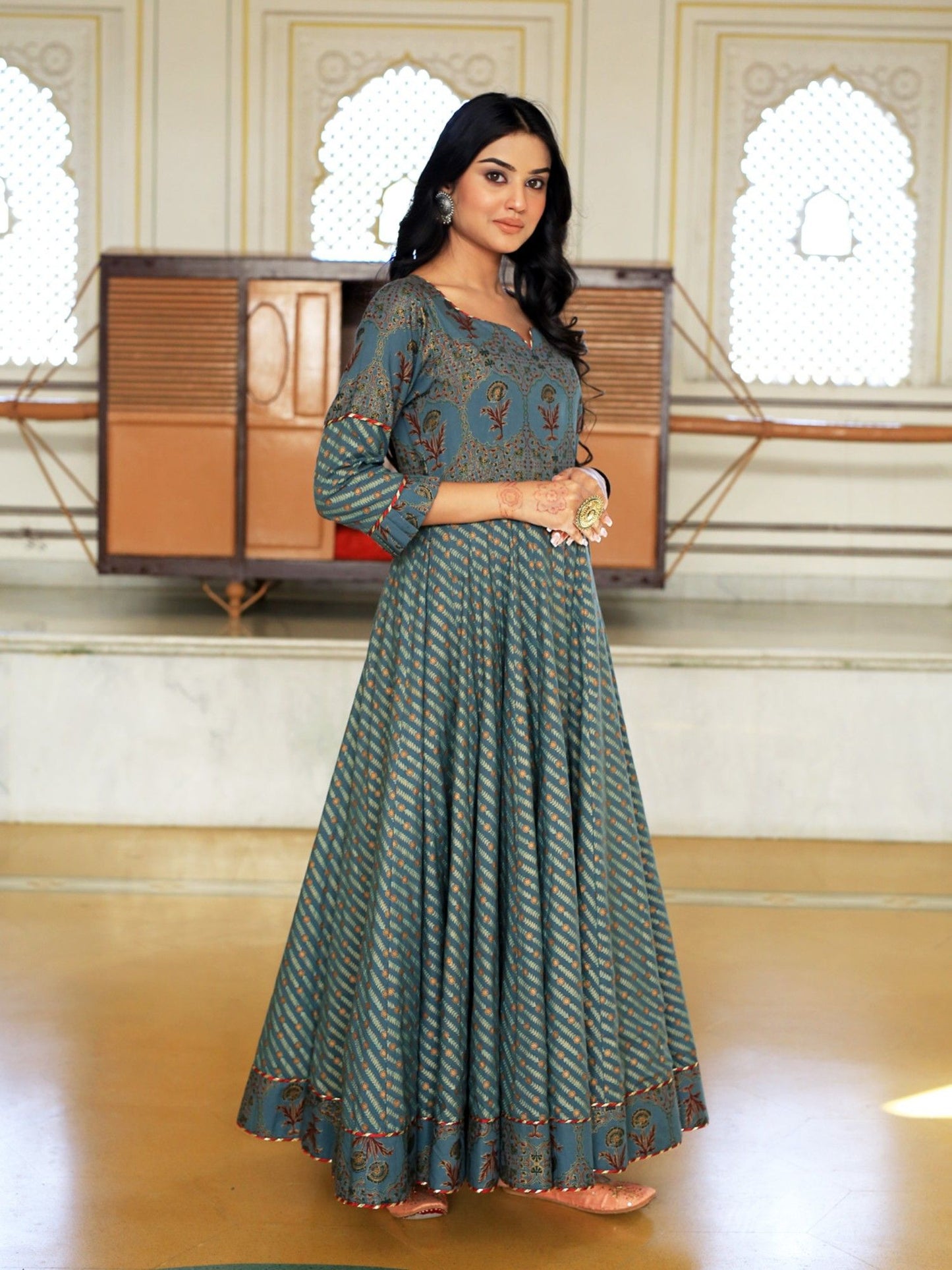 Green Ethnic Motifs Cotton Maxi Dress