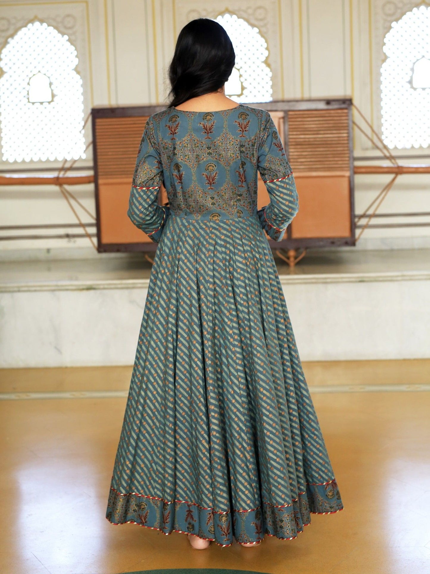 Green Ethnic Motifs Cotton Maxi Dress