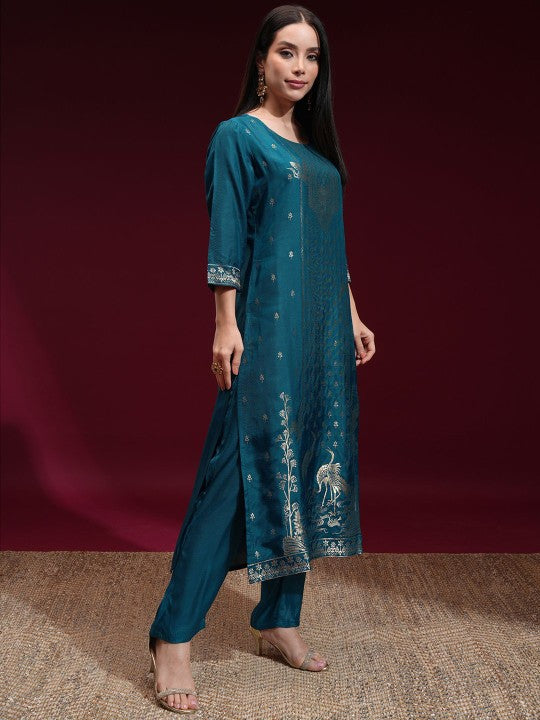 Vishudh Women Ethnic Motifs Zari Jacquard Regular Kurta with Palazzos & Dupatta