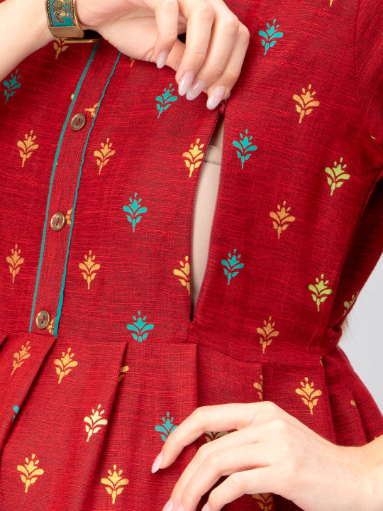 CEE-18 Red Printed Pure Cotton Maternity Ethnic Dress