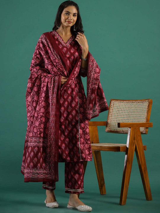 Printed Pure Cotton Straight Kurta With Trouser & Dupatta Set