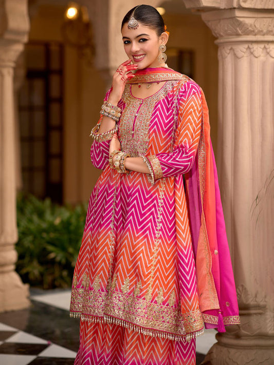 Indo Era Chevron Printed Sequinned Round Neck A-Line Kurta With Palazzos & Dupatta