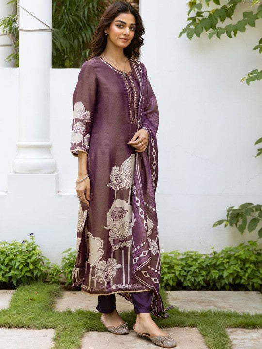 Anouk Purple Floral Printed Mirror Work Tissue Straight Kurta