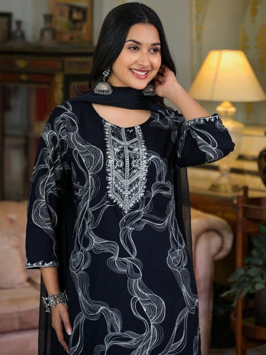 INDYES Women Printed Thread Work Kurta with Trousers &  Dupatta