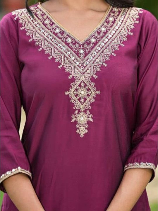 Aralia Floral Embroidered Mirror Work V-Neck Kurta With Trousers & Dupatta