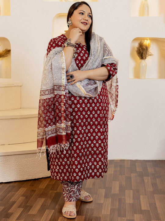 Floral Printed Pure Cotton Straight Kurta with Trouser & Dupatta