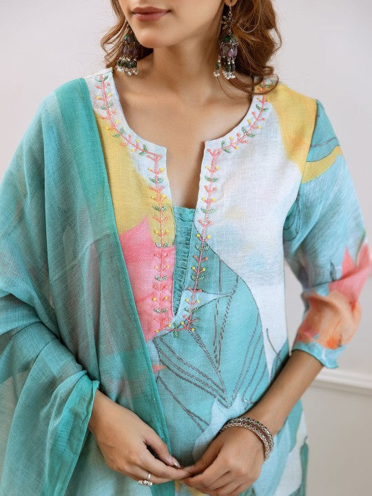 FILO HEVIS Floral Printed Notched Neck Pure Cotton Straight Kurta With Palazzos & Dupatta