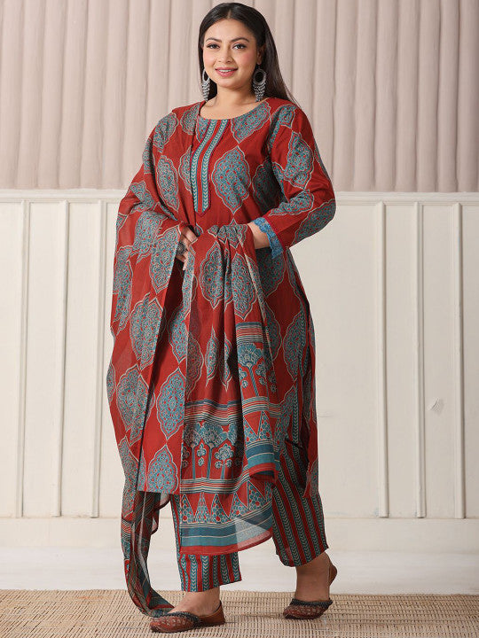 Yufta Plus Size Ethnic Motifs Printed Pure Cotton Straight Kurta With Trousers And Dupatta