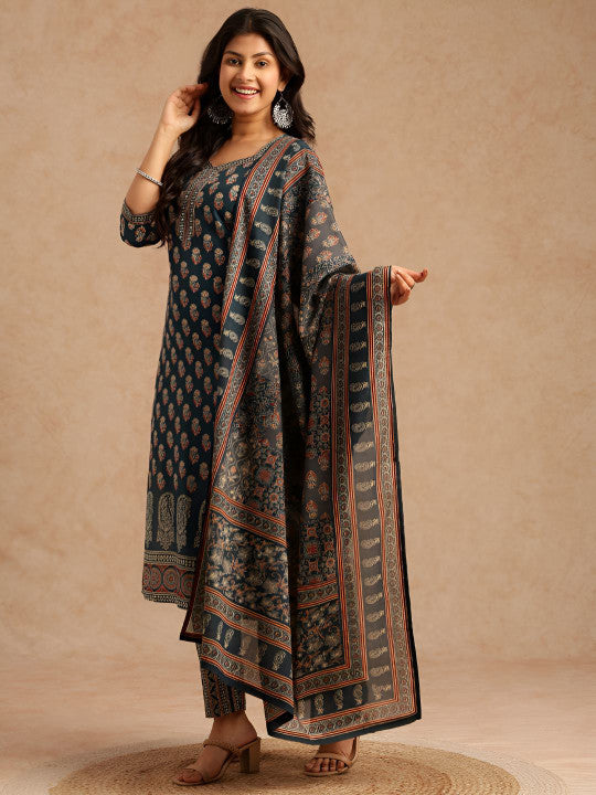 Vbuyz Floral Printed Pure Cotton Kurta With Trousers & Dupatta